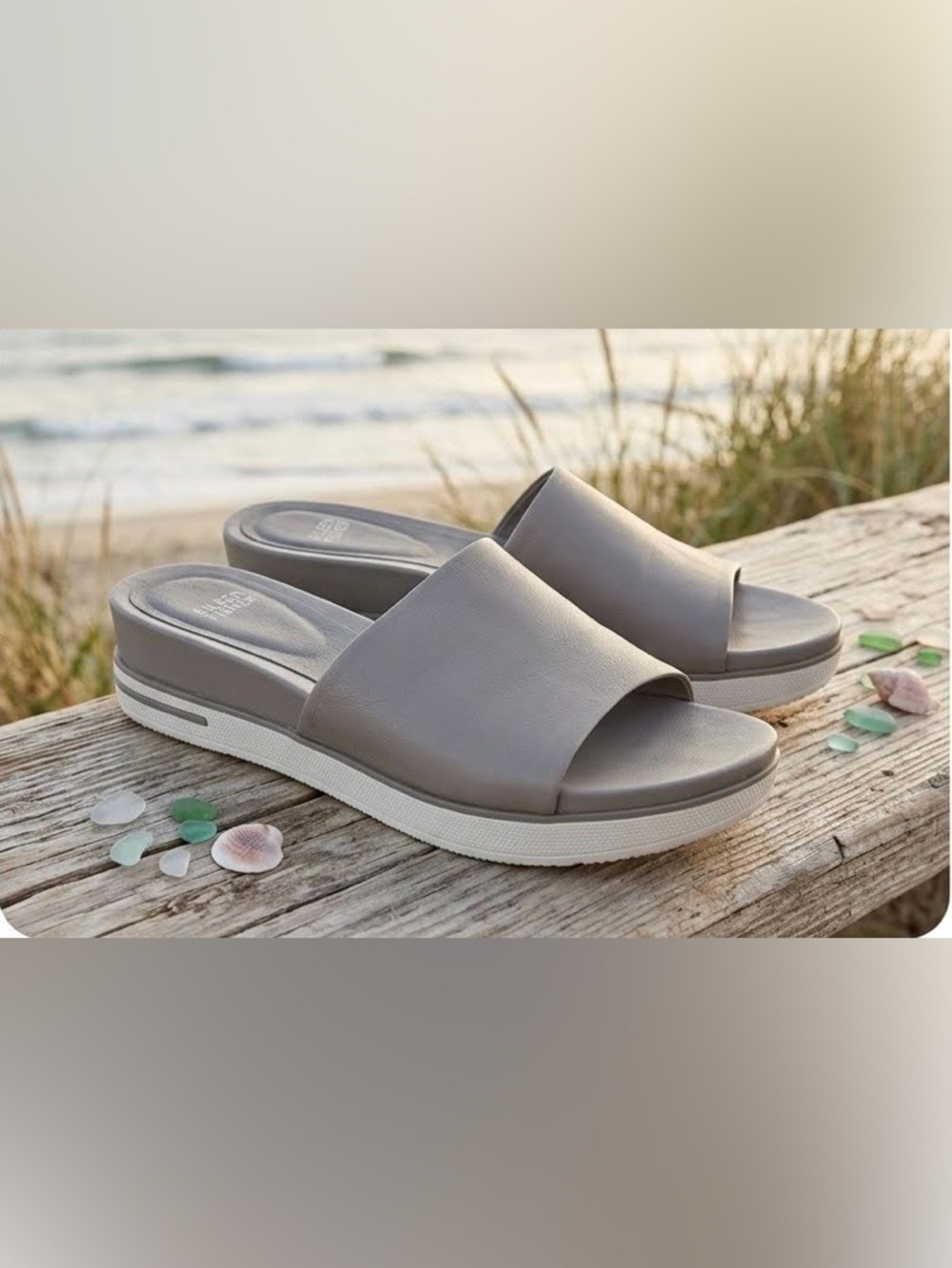 Eileen Fisher Casual Gray Leather & White Briggs Platform Slide Sandals Size 8